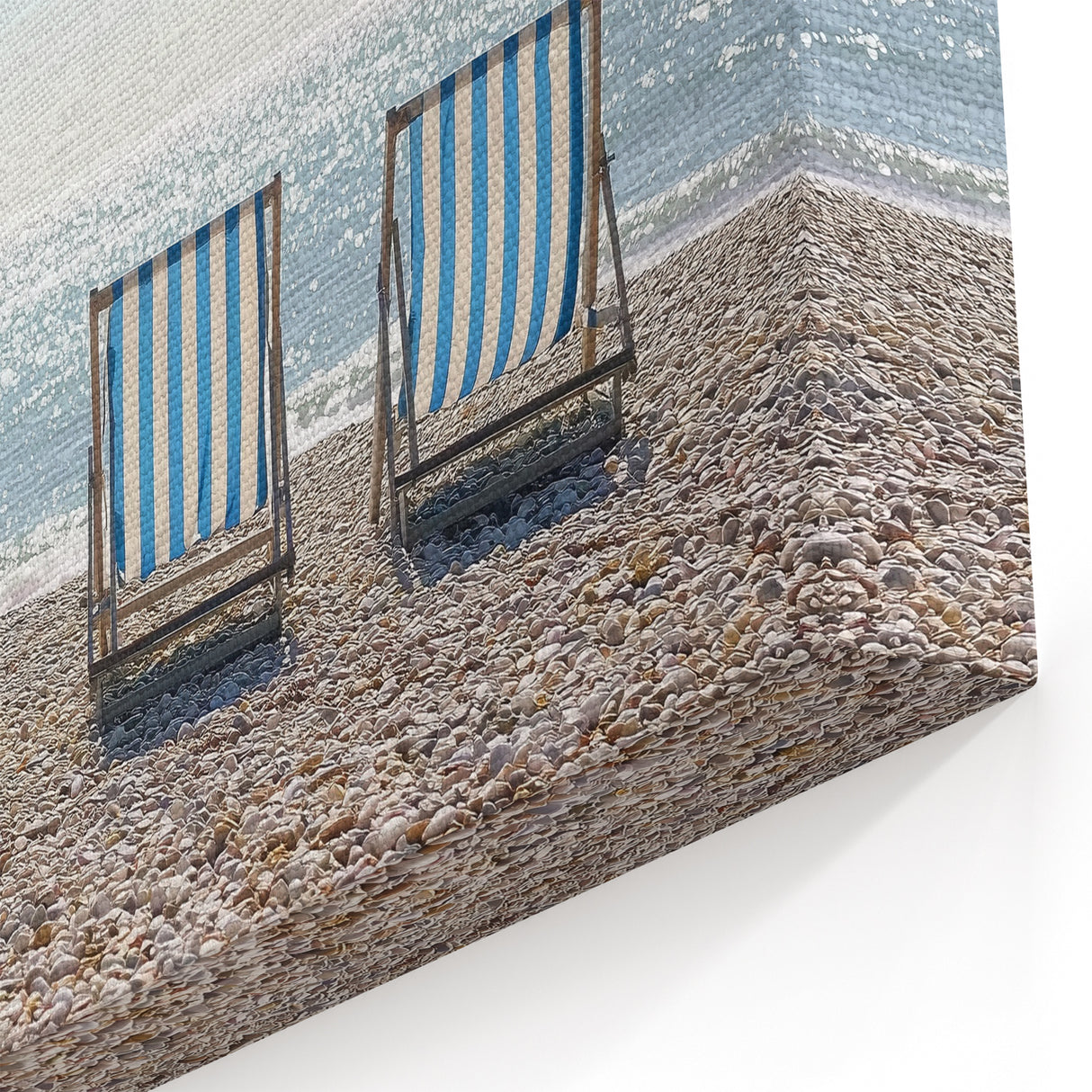 Striped Beach Chairs Wall Art - Sparkling Ocean and Pebble Shore Decor