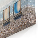 Striped Beach Chairs Wall Art - Sparkling Ocean and Pebble Shore Decor