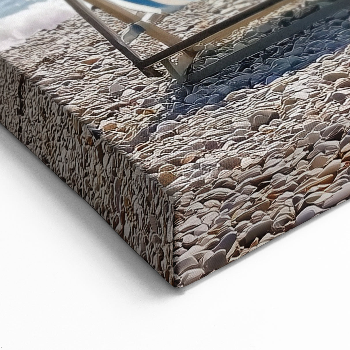 Striped Beach Chairs Wall Art - Sparkling Ocean and Pebble Shore Decor