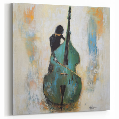 Artistic Figurative Wall Art - Double Bass Player in Teal Tones
