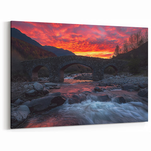 Rustic Stone Bridge Wall Art - Fiery Sunset River Canvas Print