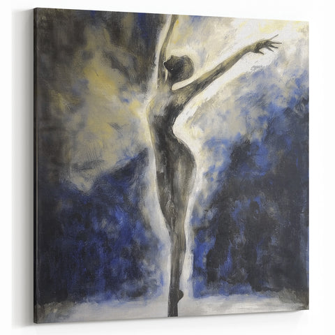 Abstract Ballerina Wall Art - Modern Figurative Canvas in Blue and Gold