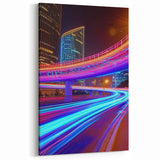 Vivid Light Trail Urban Bridge Wall Art - Neon City Canvas Prints