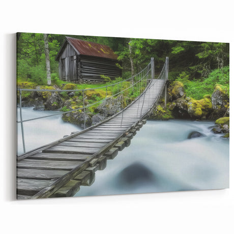 Rustic Suspension Bridge Art - Forest Stream Photography Print