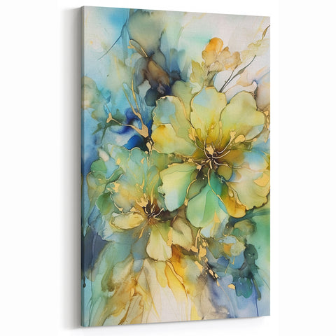 Abstract Floral Canvas Art - Blue, Green, and Gold Botanical Design
