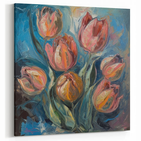 Textured Tulip Abstract Art - Vibrant Floral Canvas in Blue and Coral