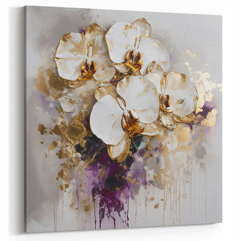 Gold and White Orchid Abstract Art - Luxurious Floral Canvas Design