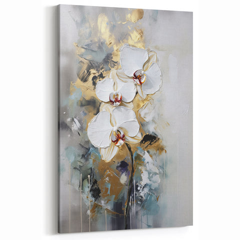 Gold and White Orchid Canvas Art - Modern Floral Wall Decor