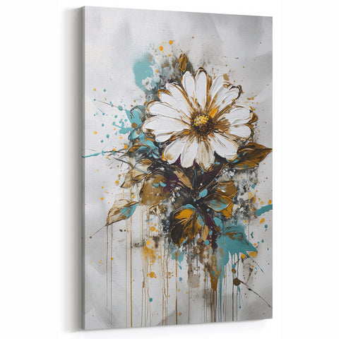Modern Daisy Abstract Art - White, Gold, and Teal Floral Wall Decor