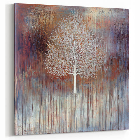 Elegant White Tree - Abstract Floral Art on Rustic Warmth Canvas