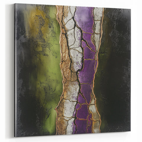 Cracked Texture Elegance - Abstract Floral Art in Green and Purple