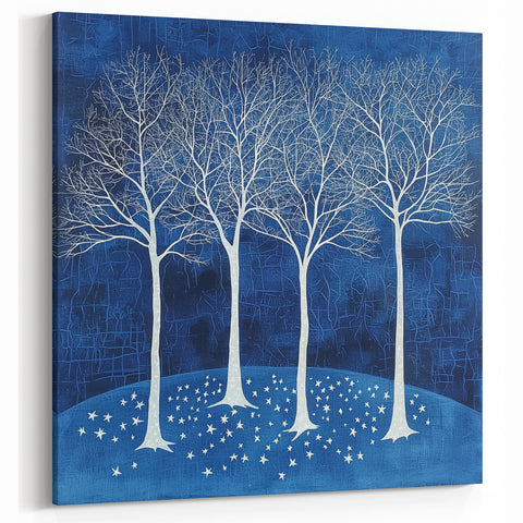 Celestial White Trees - Abstract Floral Art in Midnight Blue