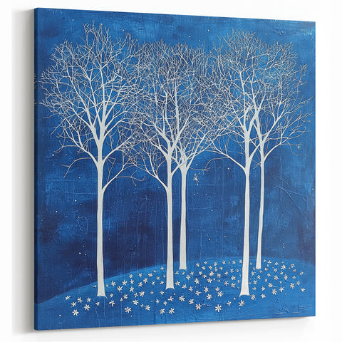 Starlit White Trees - Abstract Floral Art in Deep Blue