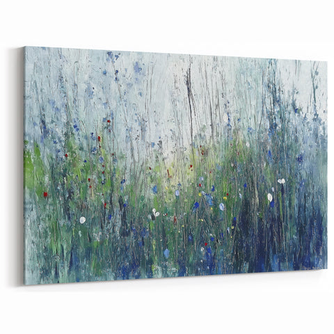 Abstract Meadow Canvas Art - Serene Green and Blue Floral Design