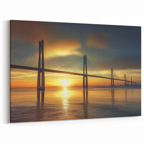 Golden Horizon Bridge at Sunrise - Tranquil Coastal Art
