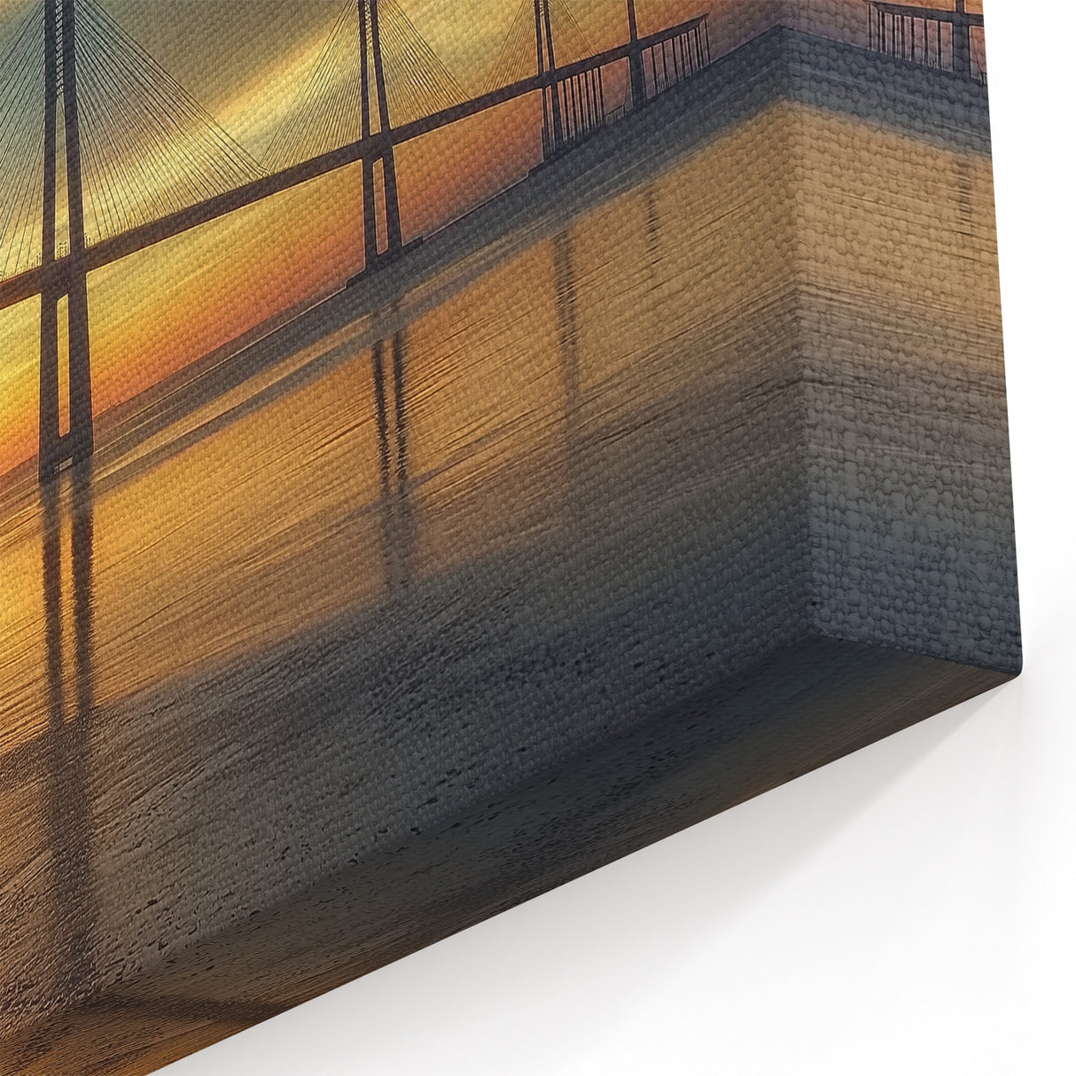 Golden Horizon Bridge at Sunrise - Tranquil Coastal Art