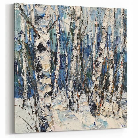 Textured Winter Forest Canvas - Birch Trees in Snowy Landscape