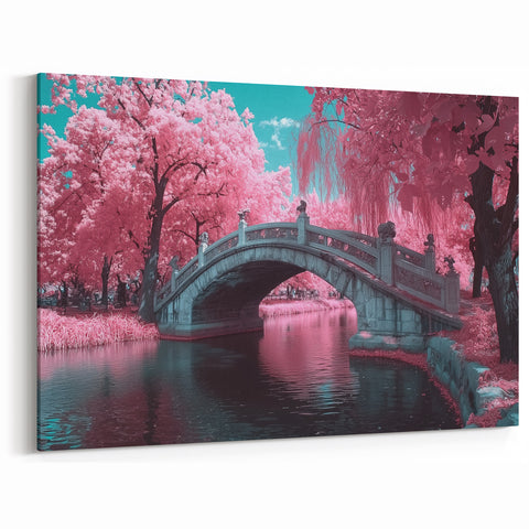 Enchanted Pink Bridge with Blossom Trees - Dreamy Landscape Art