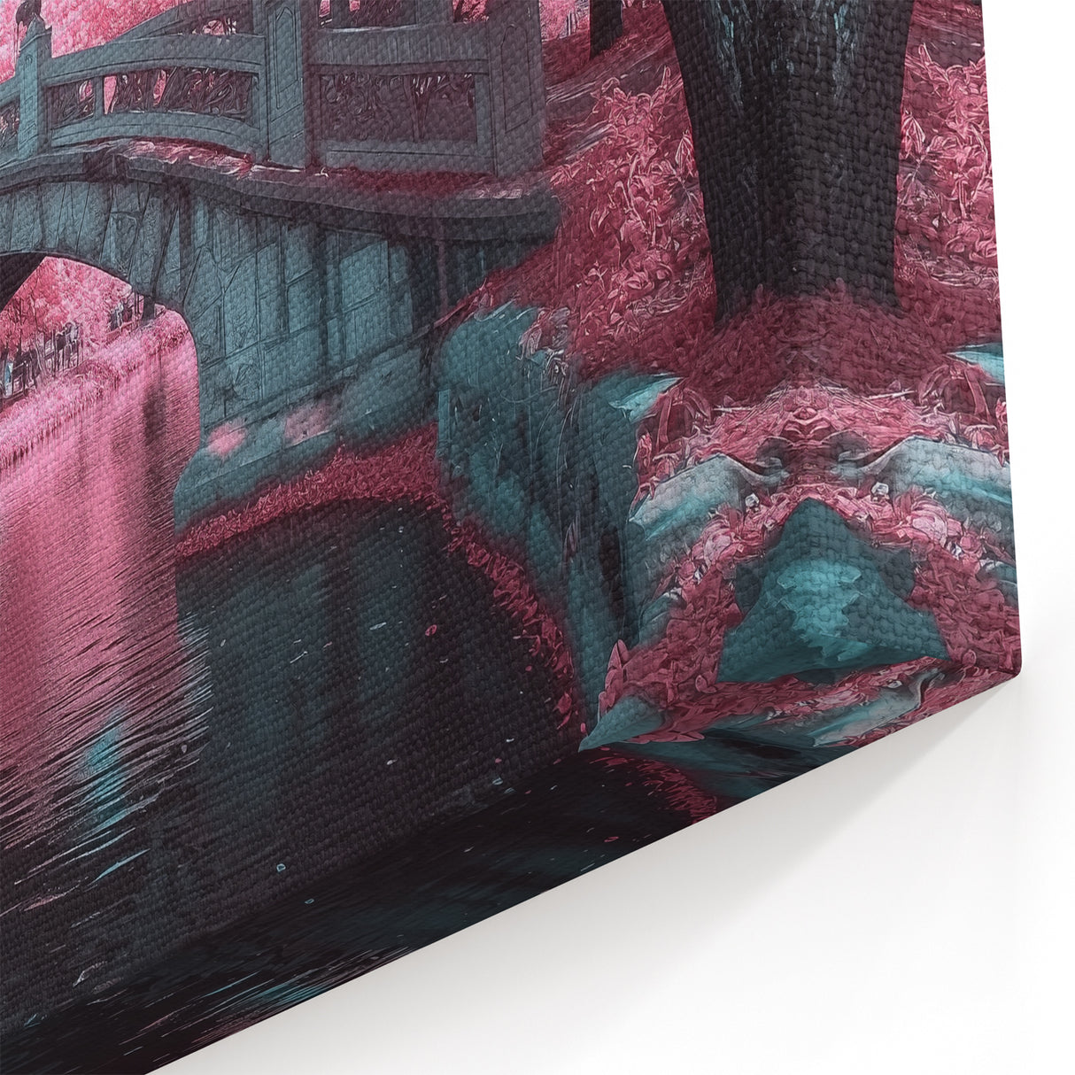 Enchanted Pink Bridge with Blossom Trees - Dreamy Landscape Art