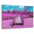 Wooden Bridge in Vibrant Meadow - Whimsical Nature Art
