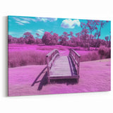 Wooden Bridge in Vibrant Meadow - Whimsical Nature Art
