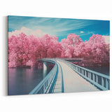 Curved Bridge with Pink Blossoms - Serene Waterway Art