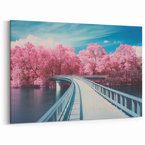 Curved Bridge with Pink Blossoms - Serene Waterway Art