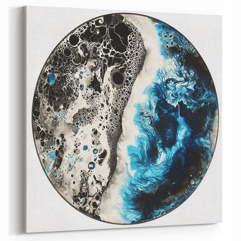 Black and Blue Ocean Flow - Abstract Circular Wall Art