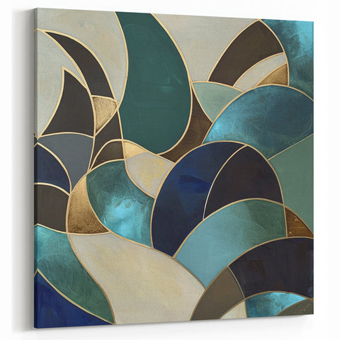 Geometric Abstract Paintings - Teal and Navy Modern Wall Art Canvas