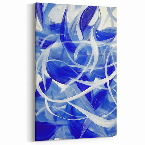 Abstract Geometric Wall Art - Blue and White Flowing Brushstrokes Canvas