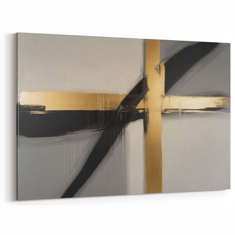 Modern Abstract Wall Art - Gold and Black Cross on Neutral Canvas