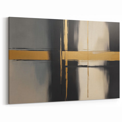 Contemporary Abstract Wall Art - Gold Cross on Black and Gray Canvas
