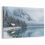 Snowy Cabin by Lake Wall Art – Winter Wonderland Countryside Canvas
