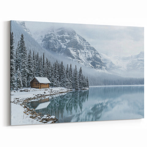 Snowy Cabin by Lake Wall Art – Winter Wonderland Countryside Canvas