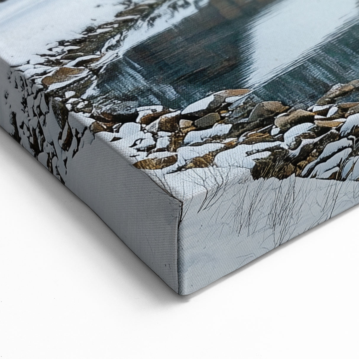 Snowy Cabin by Lake Wall Art – Winter Wonderland Countryside Canvas