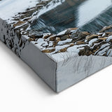 Snowy Cabin by Lake Wall Art – Winter Wonderland Countryside Canvas
