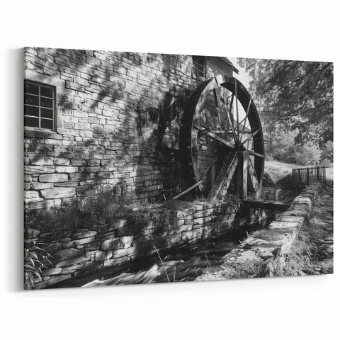 Rustic Watermill Art - Monochrome Historic Landscape Wall Decor