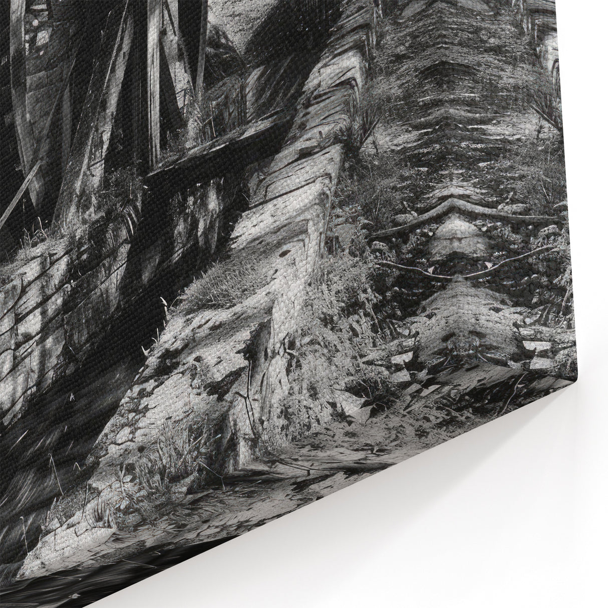 Rustic Watermill Art - Monochrome Historic Landscape Wall Decor