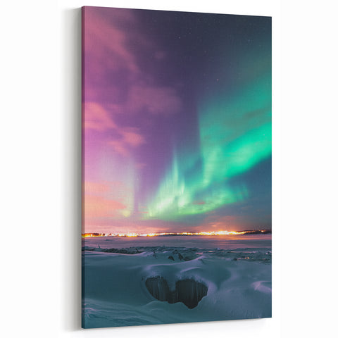 Pastoral Wall Art - Northern Lights Over Snowy Countryside Scene