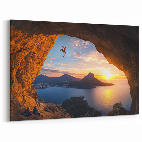 Scenic Cave Art Prints - Rock Climber Sunset Adventure Wall Art
