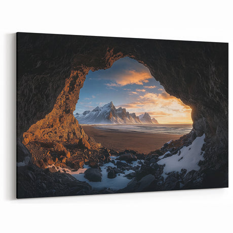 Scenic Cave Art Prints - Mountain Sunrise Framed by Coastal Cave