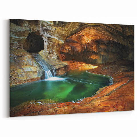 Natural Cave Wall Art - Scenic Waterfall and Green Pool Photography Prints