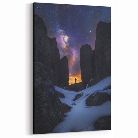 Starry Night Cliffs Wall Art - Celestial Landscape with Snowy Peaks