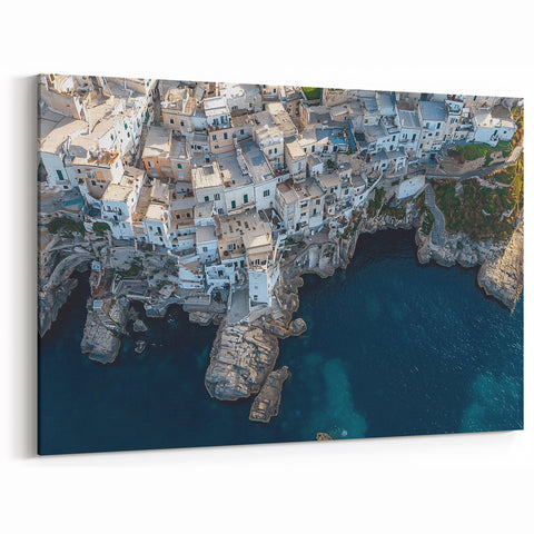 Mediterranean Cliffs Wall Art - Coastal Village and Ocean Canvas Print