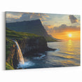 Waterfall Sunset Cliffs Wall Art - Scenic Ocean Landscape Canvas Print