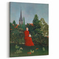 Modern Wall Art: Serene Portrait of Woman in Red with Verdant Landscape