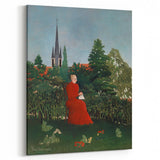 Modern Wall Art: Serene Portrait of Woman in Red with Verdant Landscape