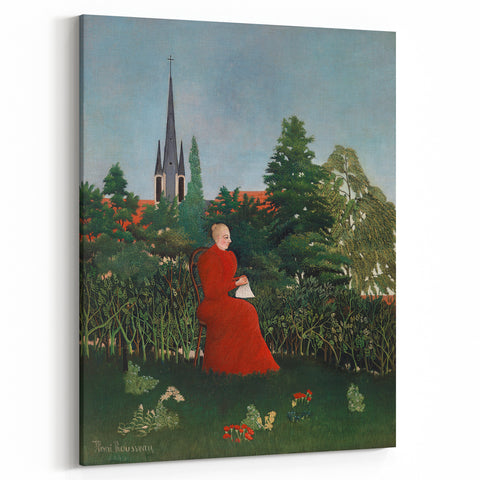 Modern Wall Art: Serene Portrait of Woman in Red with Verdant Landscape