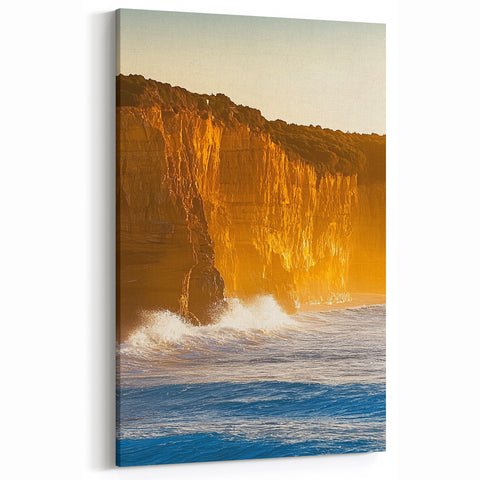 Cliffs Wall Art - Golden Coastal Cliffs and Ocean Waves Decor