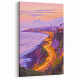 Scenic Cliffs Artwork - Sunset Coastal City and Illuminated Roads Art